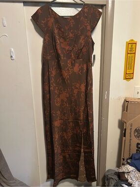 Floral Brown Maxi Dress with Cap Sleeves